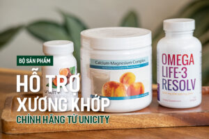 Bộ sản phẩm hỗ trợ xương khớp chính hãng từ Unicity: Joint Mobility, Calcium Magnesium Complex, Omega Life-3 Resolv 01