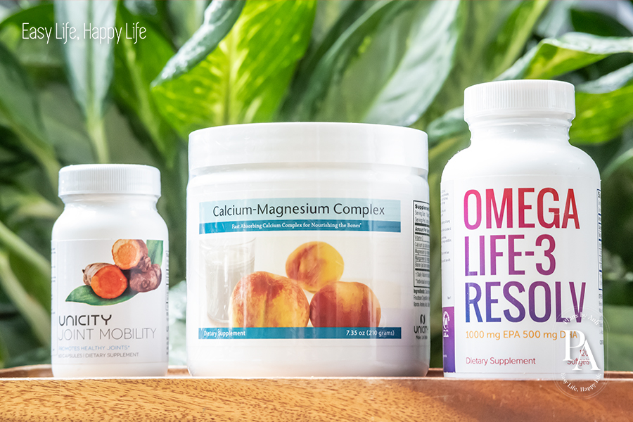 Bộ sản phẩm hỗ trợ xương khớp chính hãng từ Unicity: Joint Mobility, Calcium Magnesium Complex, Omega Life-3 Resolv 02